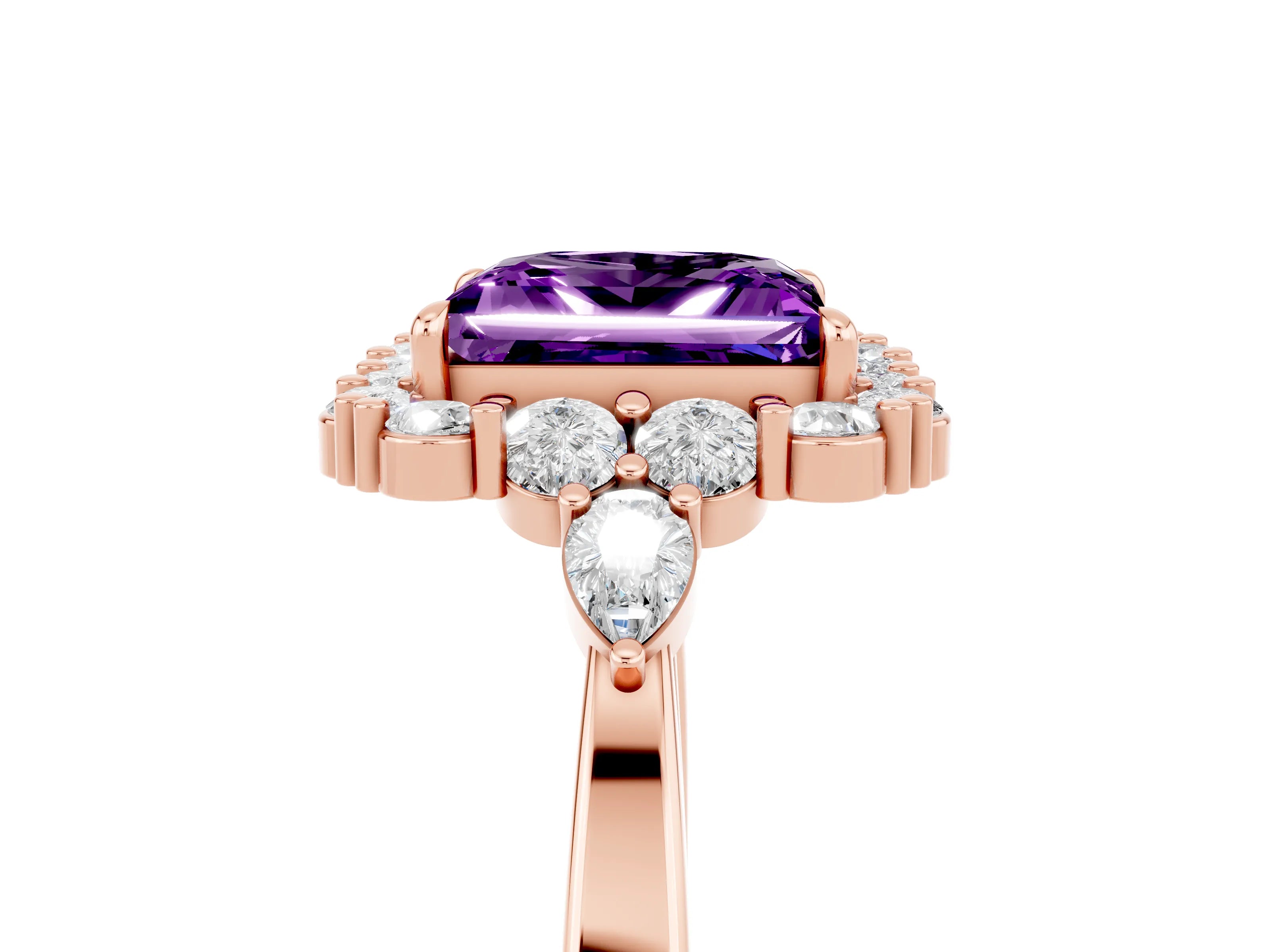 Rose gold Princess Cut Amethyst Halo Ring with Pear Side Stones and Prong Setting_17