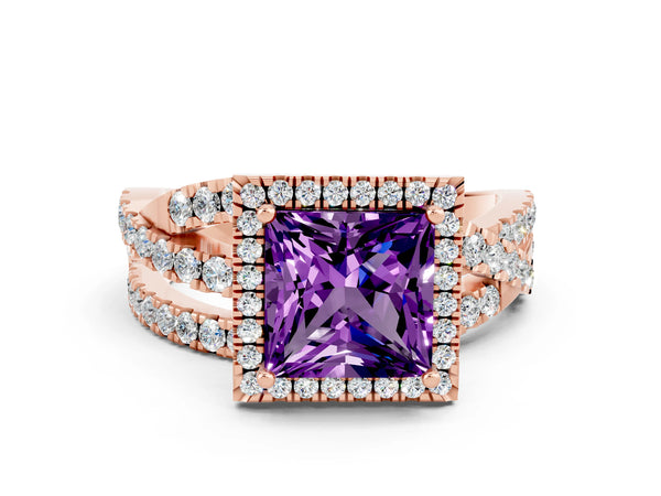Rose gold Princess Cut Amethyst Halo Ring with Round Split Shank and Prong Setting
