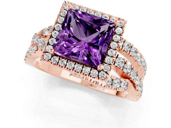 Rose gold Princess Cut Amethyst Halo Ring with Round Split Shank and Prong Setting