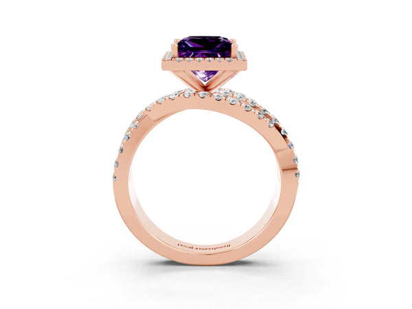 Rose gold Princess Cut Amethyst Halo Ring with Round Split Shank and Prong Setting