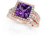 Rose gold Princess Cut Amethyst Halo Ring with Round Split Shank and Prong Setting_49