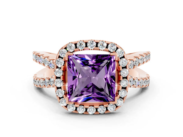 Rose gold Princess Cut Amethyst Halo Ring with Split Shank Pavé Band and Prong Setting
