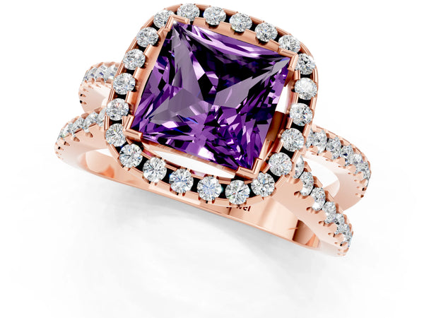 Rose gold Princess Cut Amethyst Halo Ring with Split Shank Pavé Band and Prong Setting