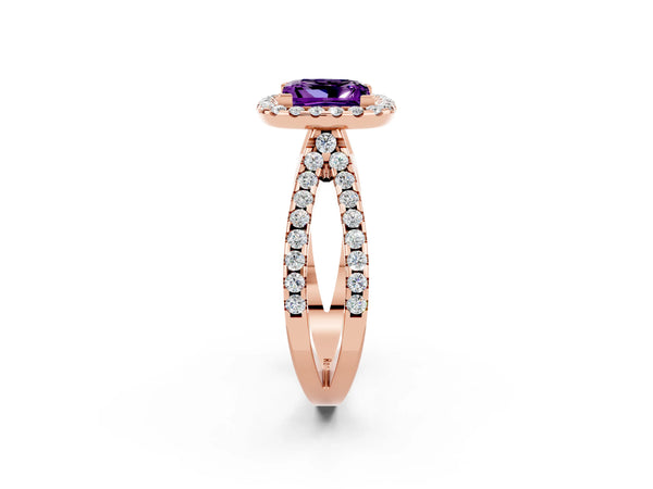 Rose gold Princess Cut Amethyst Halo Ring with Split Shank Pavé Band and Prong Setting