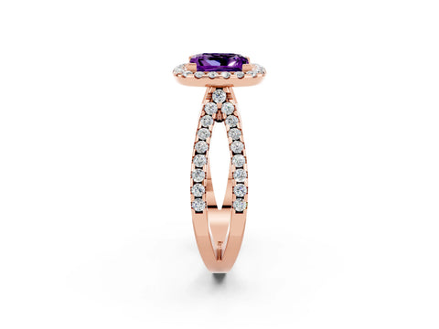 Rose gold Princess Cut Amethyst Halo Ring with Split Shank Pavé Band and Prong Setting_2