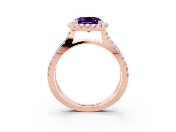 Rose gold Princess Cut Amethyst Halo Ring with Split Shank Pavé Band and Prong Setting