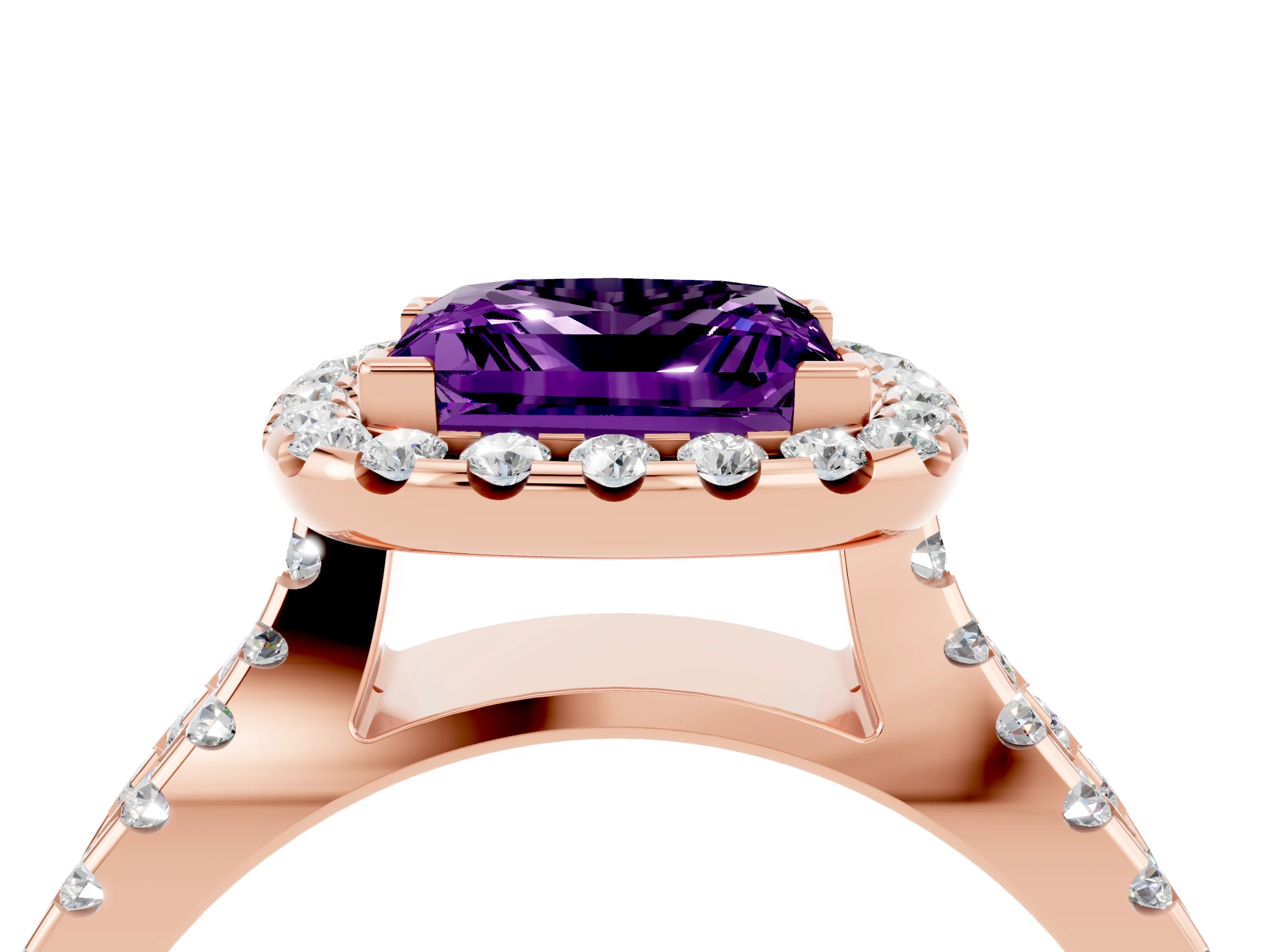 Rose gold Princess Cut Amethyst Halo Ring with Split Shank Pavé Band and Prong Setting_4