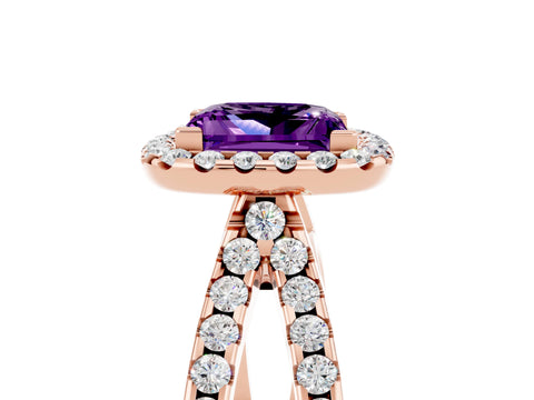 Rose gold Princess Cut Amethyst Halo Ring with Split Shank Pavé Band and Prong Setting_5