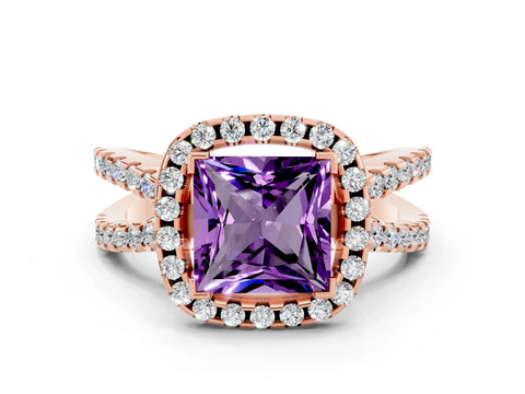 Rose gold Princess Cut Amethyst Halo Ring with Split Shank Pavé Band and Prong Setting