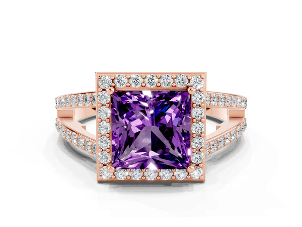 Rose gold Princess Cut Amethyst Halo Ring with Split Shank U-Prong Band and Four-Prong Setting