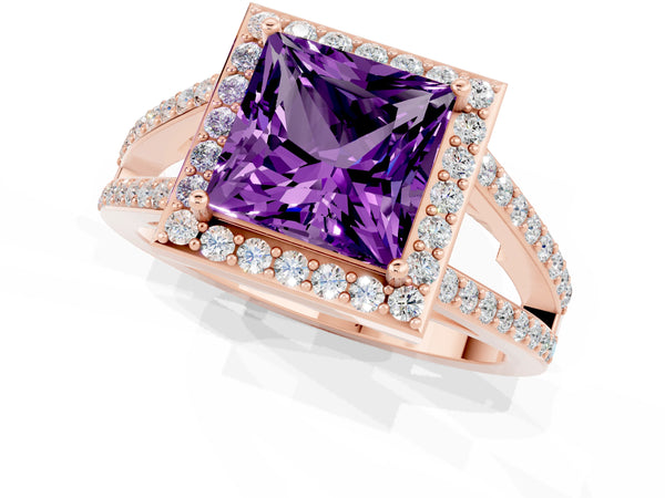 Rose gold Princess Cut Amethyst Halo Ring with Split Shank U-Prong Band and Four-Prong Setting