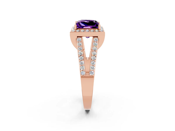 Rose gold Princess Cut Amethyst Halo Ring with Split Shank U-Prong Band and Four-Prong Setting