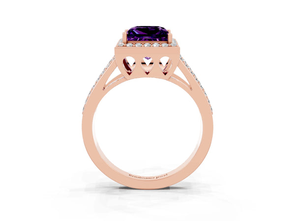 Rose gold Princess Cut Amethyst Halo Ring with Split Shank U-Prong Band and Four-Prong Setting