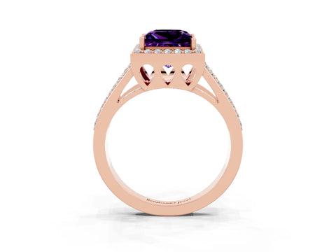 Rose gold Princess Cut Amethyst Halo Ring with Split Shank U-Prong Band and Four-Prong Setting_3