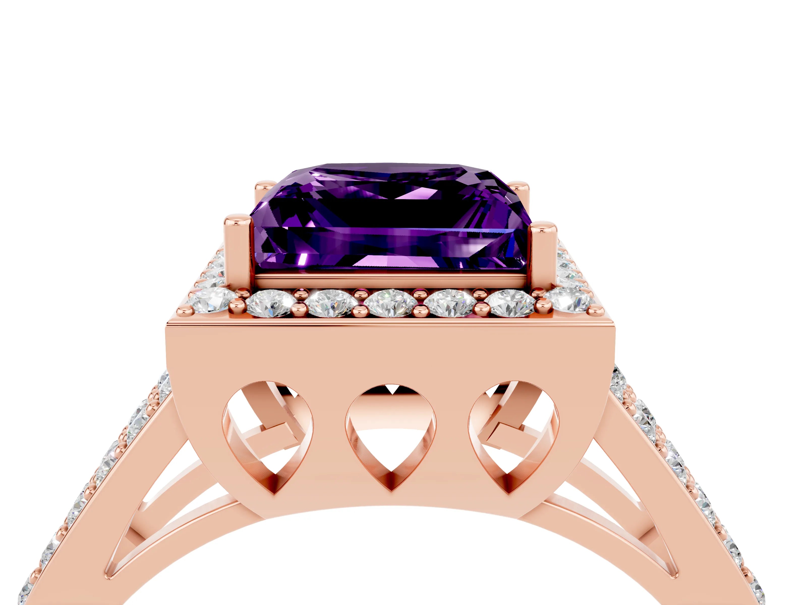 Rose gold Princess Cut Amethyst Halo Ring with Split Shank U-Prong Band and Four-Prong Setting_4
