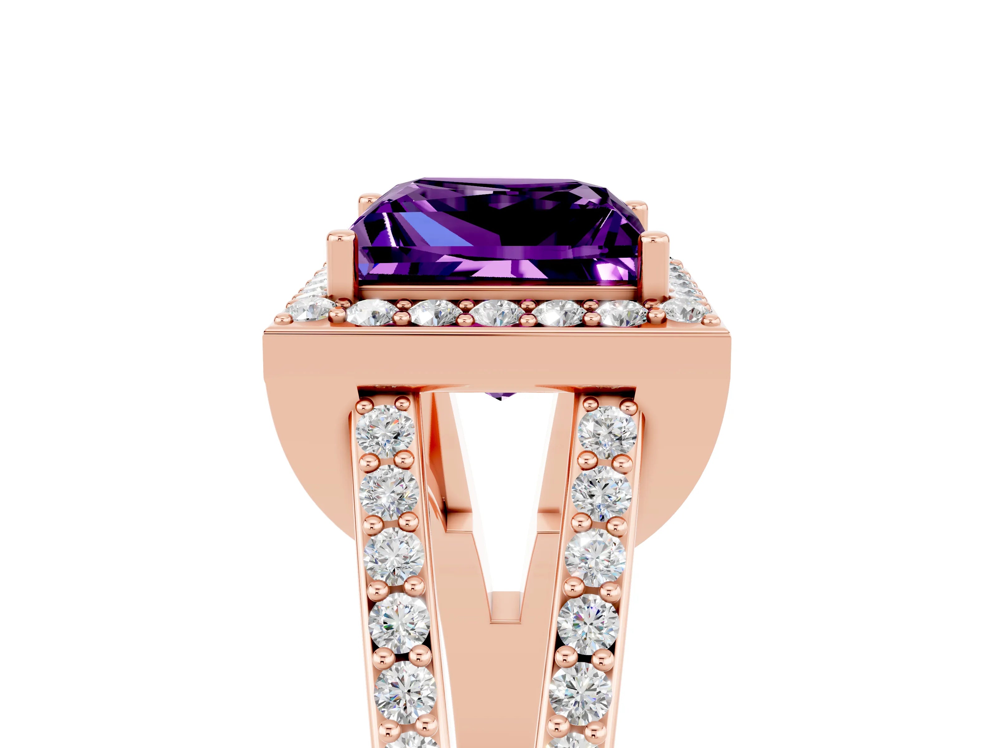 Rose gold Princess Cut Amethyst Halo Ring with Split Shank U-Prong Band and Four-Prong Setting_5