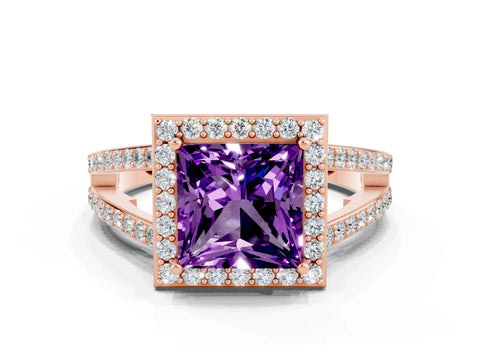 Rose gold Princess Cut Amethyst Halo Ring with Split Shank U-Prong Band and Four-Prong Setting