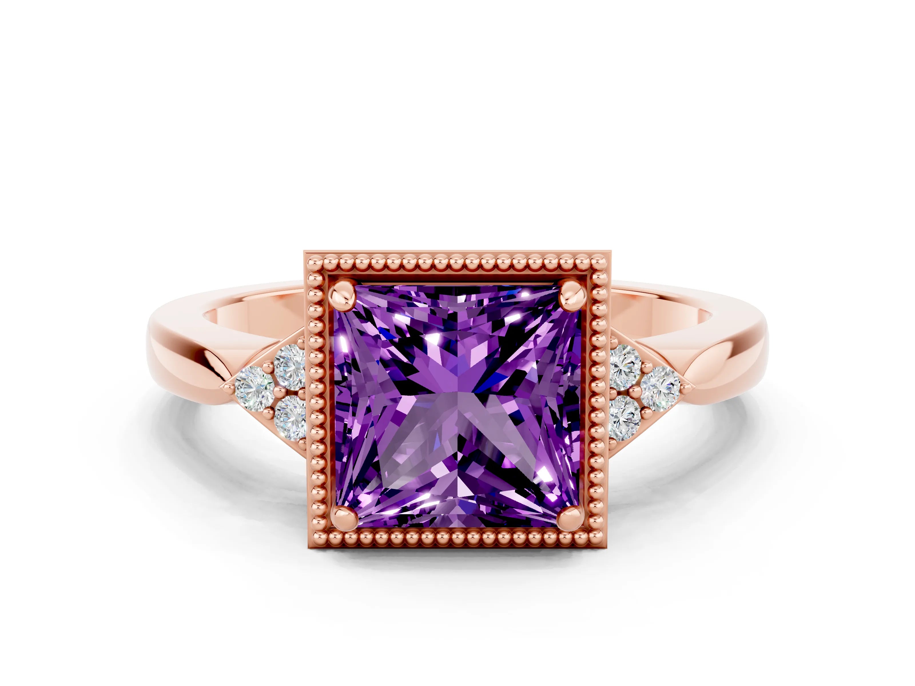 Rose gold Princess Cut Amethyst Halo Ring with Tapered Band and Four-Prong Setting