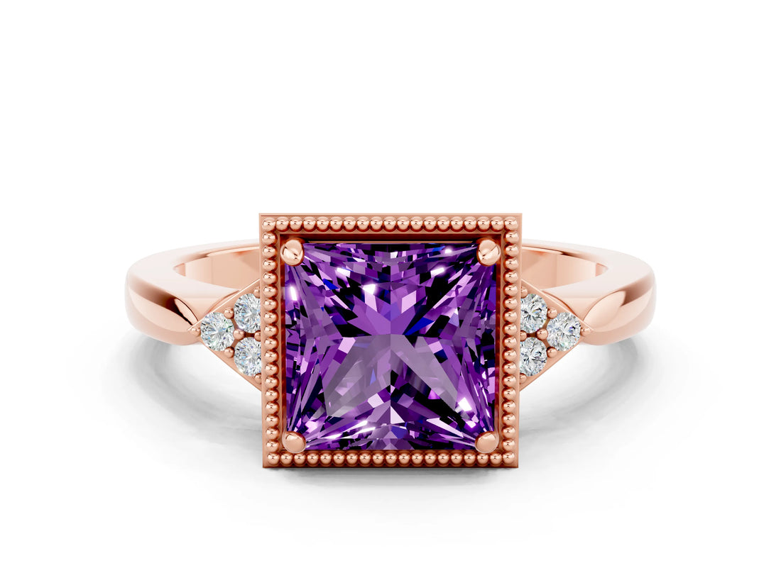 Rose gold Princess Cut Amethyst Halo Ring with Tapered Band and Four-Prong Setting