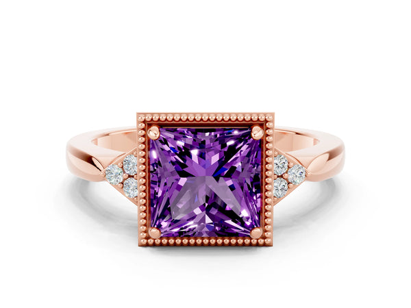 Rose gold Princess Cut Amethyst Halo Ring with Tapered Band and Four-Prong Setting