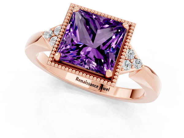 Rose gold Princess Cut Amethyst Halo Ring with Tapered Band and Four-Prong Setting