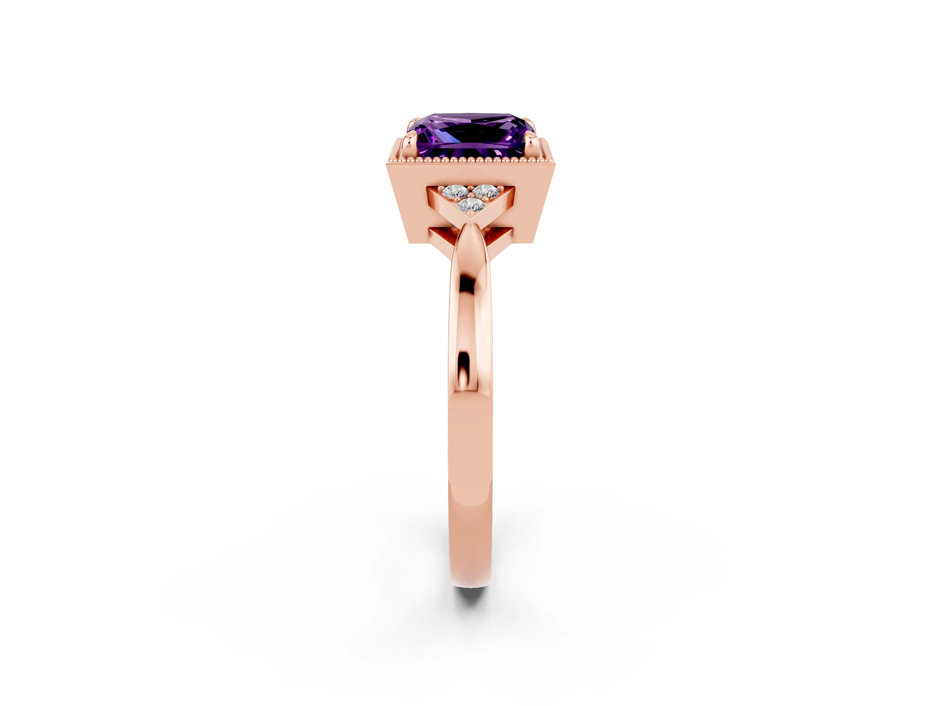 Rose gold Princess Cut Amethyst Halo Ring with Tapered Band and Four-Prong Setting_2