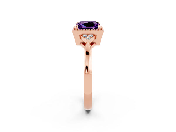 Rose gold Princess Cut Amethyst Halo Ring with Tapered Band and Four-Prong Setting