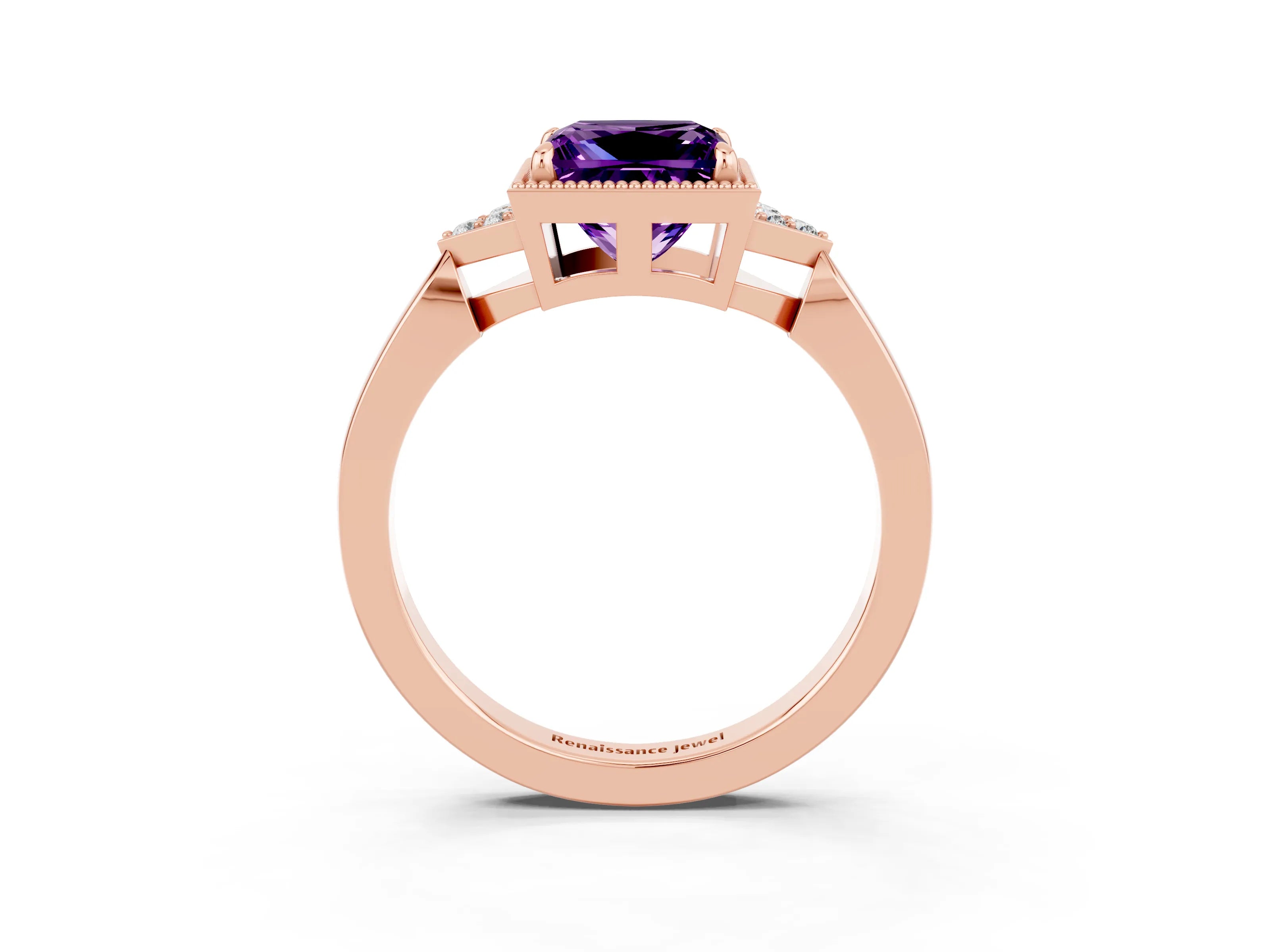 Rose gold Princess Cut Amethyst Halo Ring with Tapered Band and Four-Prong Setting_3