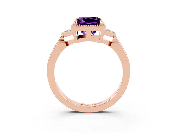 Rose gold Princess Cut Amethyst Halo Ring with Tapered Band and Four-Prong Setting