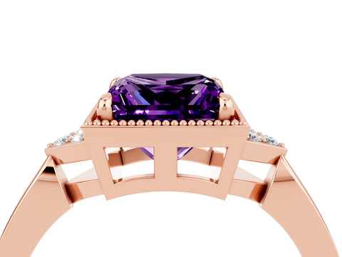 Rose gold Princess Cut Amethyst Halo Ring with Tapered Band and Four-Prong Setting_4