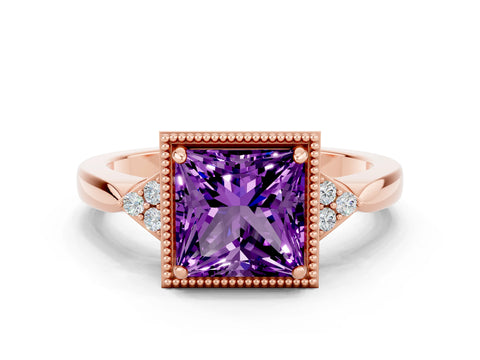 Rose gold Princess Cut Amethyst Halo Ring with Tapered Band and Four-Prong Setting