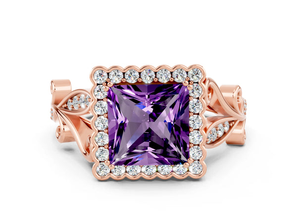 Rose gold Princess Cut Amethyst Halo Ring with Vintage Split Shank and Four-Prong Setting