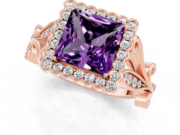 Rose gold Princess Cut Amethyst Halo Ring with Vintage Split Shank and Four-Prong Setting