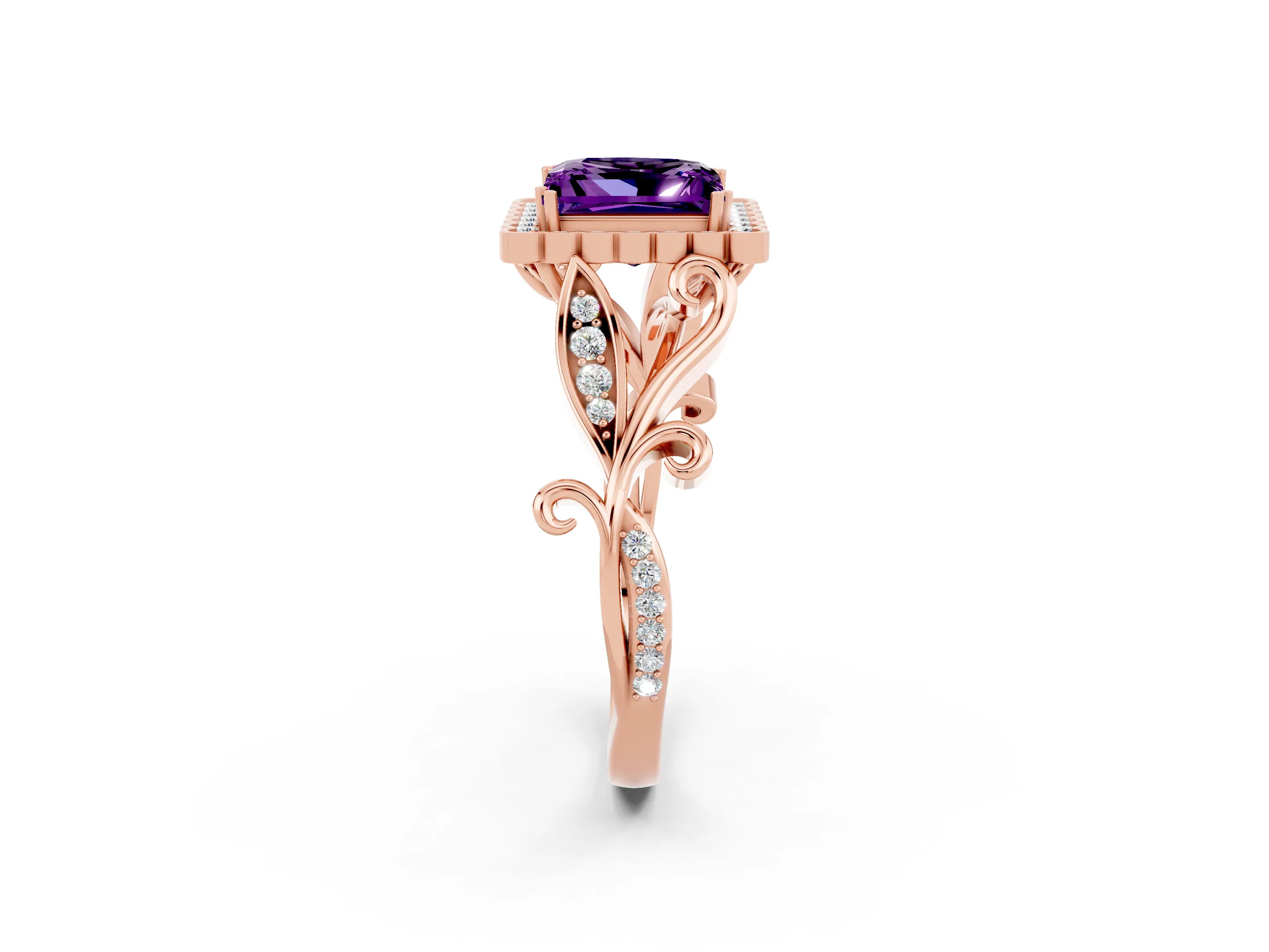 Rose gold Princess Cut Amethyst Halo Ring with Vintage Split Shank and Four-Prong Setting_2