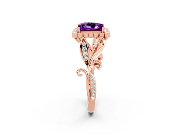 Rose gold Princess Cut Amethyst Halo Ring with Vintage Split Shank and Four-Prong Setting