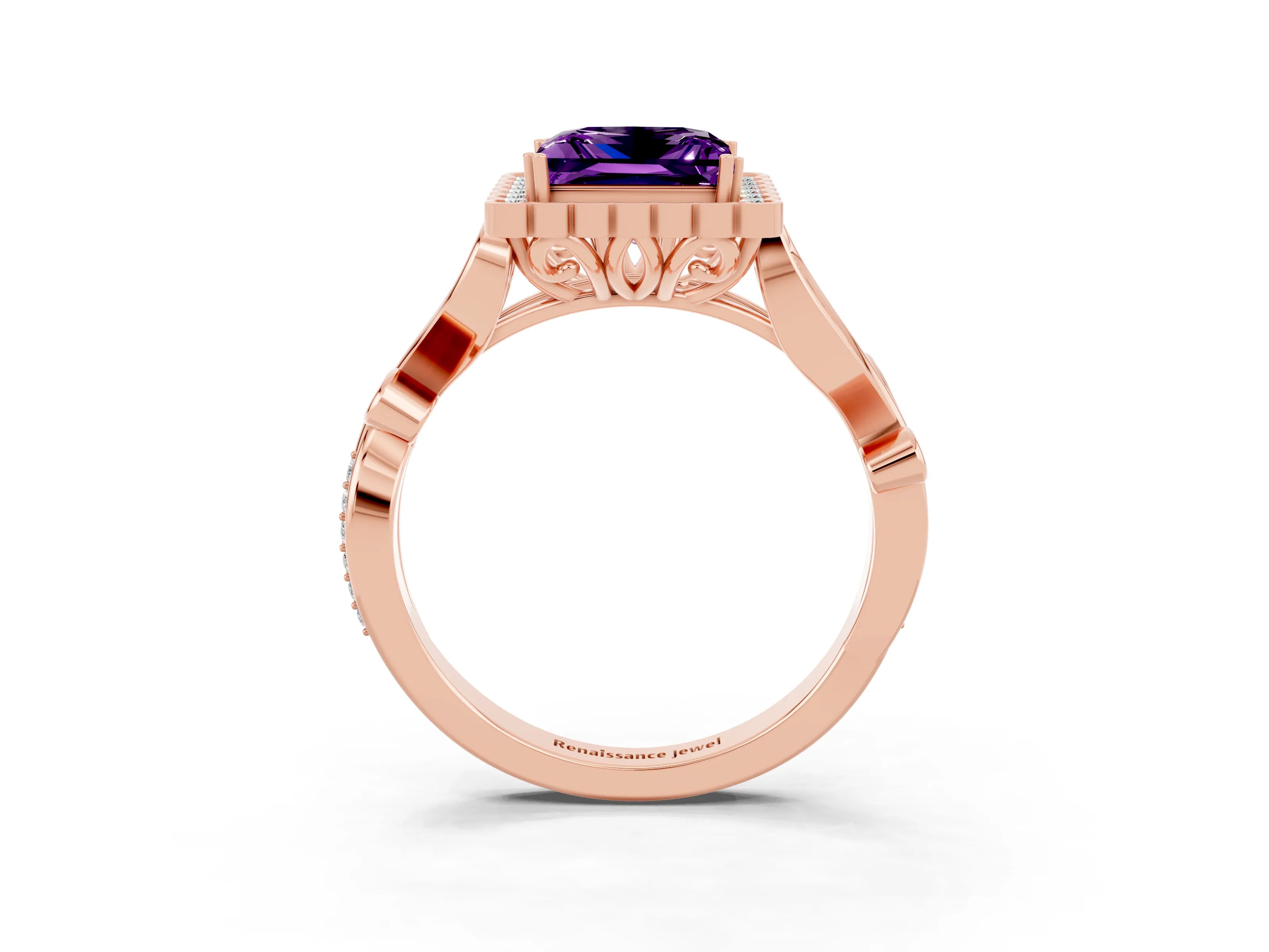 Rose gold Princess Cut Amethyst Halo Ring with Vintage Split Shank and Four-Prong Setting_3
