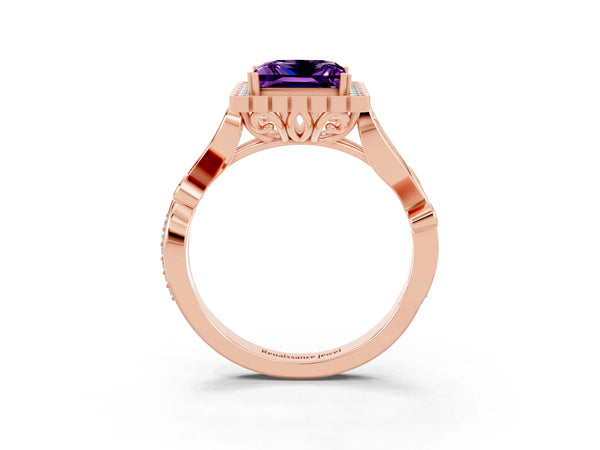 Rose gold Princess Cut Amethyst Halo Ring with Vintage Split Shank and Four-Prong Setting