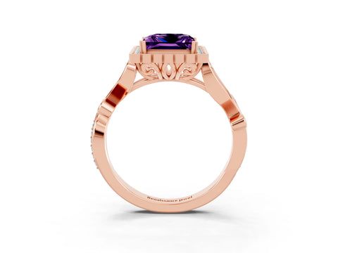 Rose gold Princess Cut Amethyst Halo Ring with Vintage Split Shank and Four-Prong Setting_3