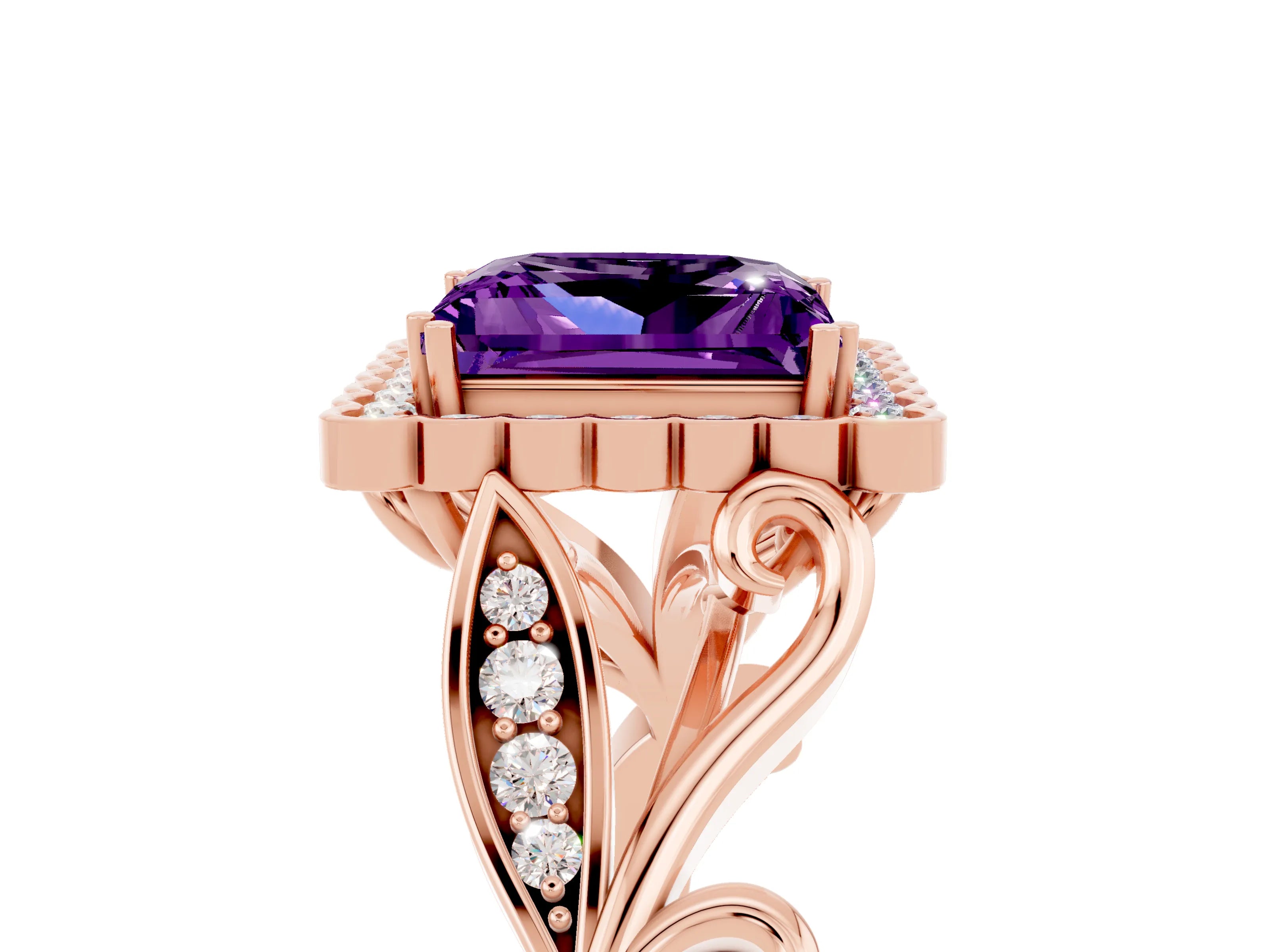Rose gold Princess Cut Amethyst Halo Ring with Vintage Split Shank and Four-Prong Setting_5