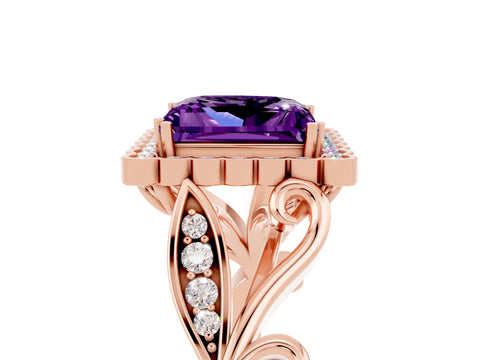 Rose gold Princess Cut Amethyst Halo Ring with Vintage Split Shank and Four-Prong Setting_5