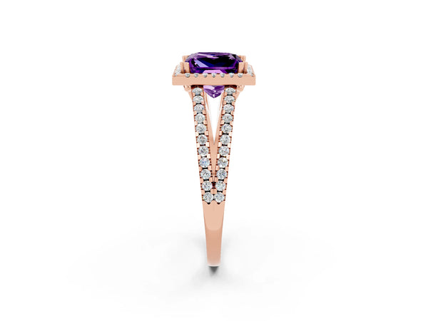 Rose gold Princess Cut Amethyst Halo Split Shank Engagement Ring