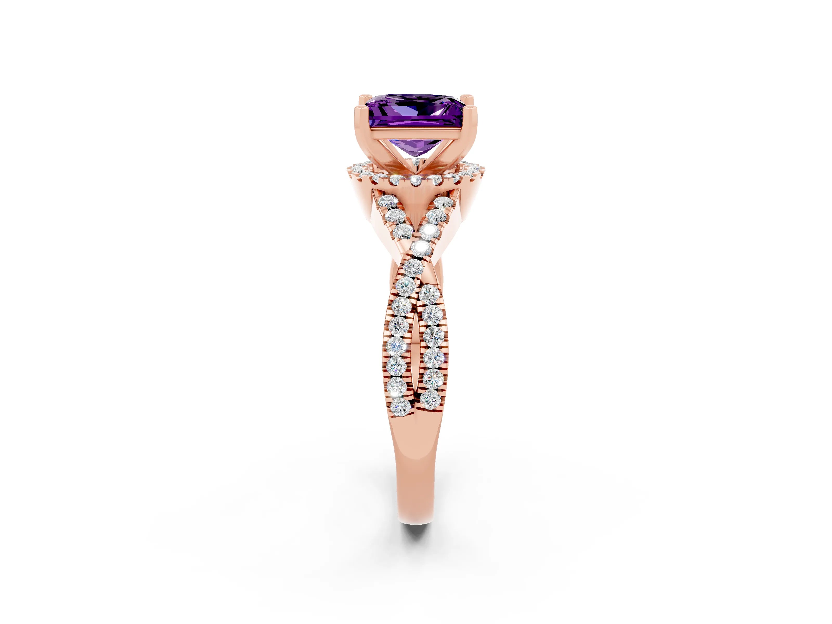 Rose gold Princess Cut Amethyst Halo Twist Band Solitaire Prong Setting Ring_2