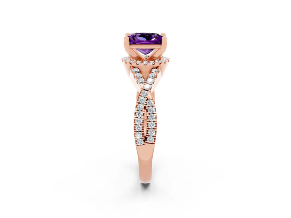 Rose gold Princess Cut Amethyst  Halo Twist Band Solitaire Prong Setting Ring