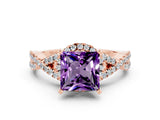 Rose gold Princess Cut Amethyst  Halo Twist Band Solitaire Prong Setting Ring_24