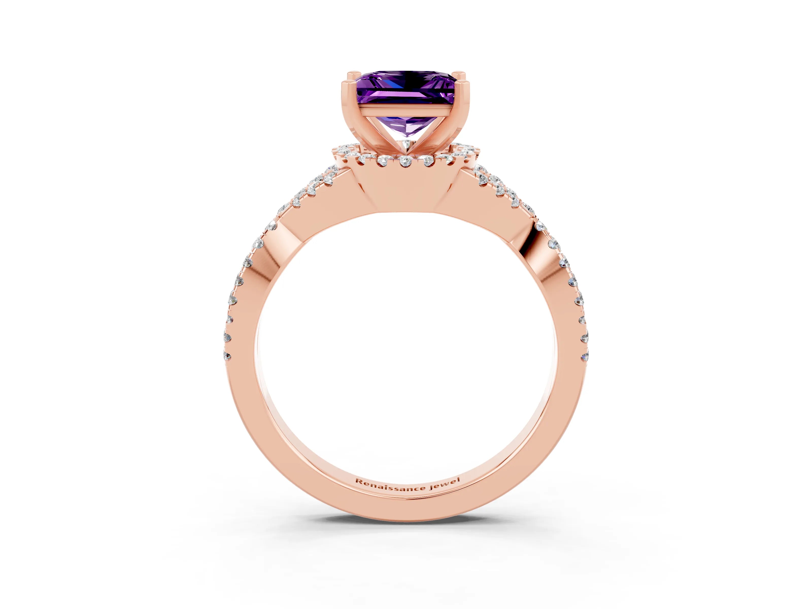 Rose gold Princess Cut Amethyst Halo Twist Band Solitaire Prong Setting Ring_3