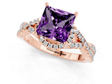 Rose gold Princess Cut Amethyst  Halo Twist Band Solitaire Prong Setting Ring_43