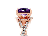 Rose gold Princess Cut Amethyst  Halo Twist Band Solitaire Prong Setting Ring_47