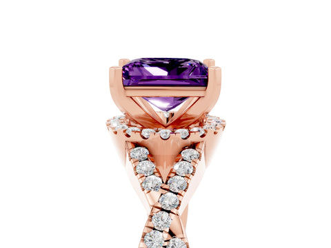 Rose gold Princess Cut Amethyst Halo Twist Band Solitaire Prong Setting Ring_5