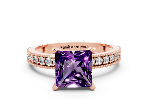 Rose gold Princess Cut Amethyst Milgrain Pavé Engagement Ring with Four-Prong Setting_12