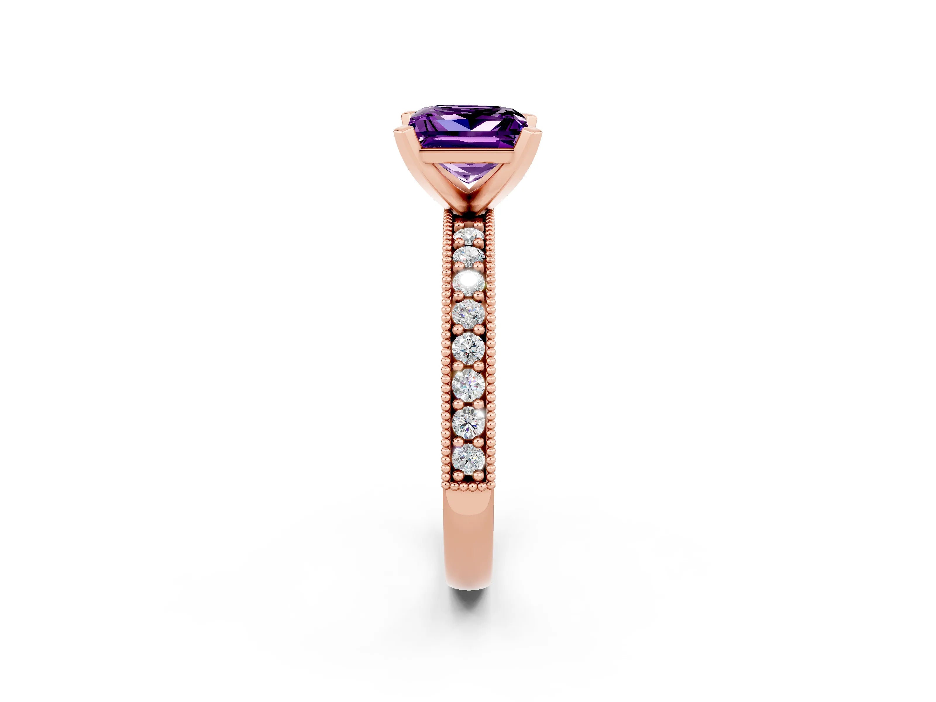 Rose gold Princess Cut Amethyst Milgrain Pavé Engagement Ring with Four-Prong Setting_14